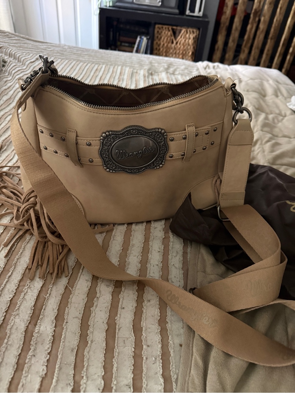 Wrangler Beige Shoulder Bag with Decorative Metal Logo